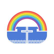 Biblical illustration. Cross on the background of the ark and the rainbow of the covenant.