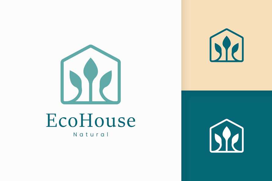 Nature Green House Logo with Tree and Leaf Shape 
