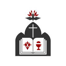 Christian illustration. Church logo. Open bible, symbols of the Spirit and Holy Communion.