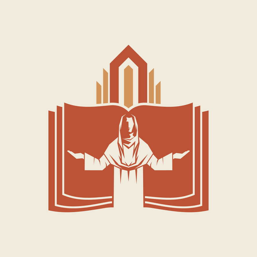 Christian illustration. Silhouette of Jesus Christ on the background of the Christian church.