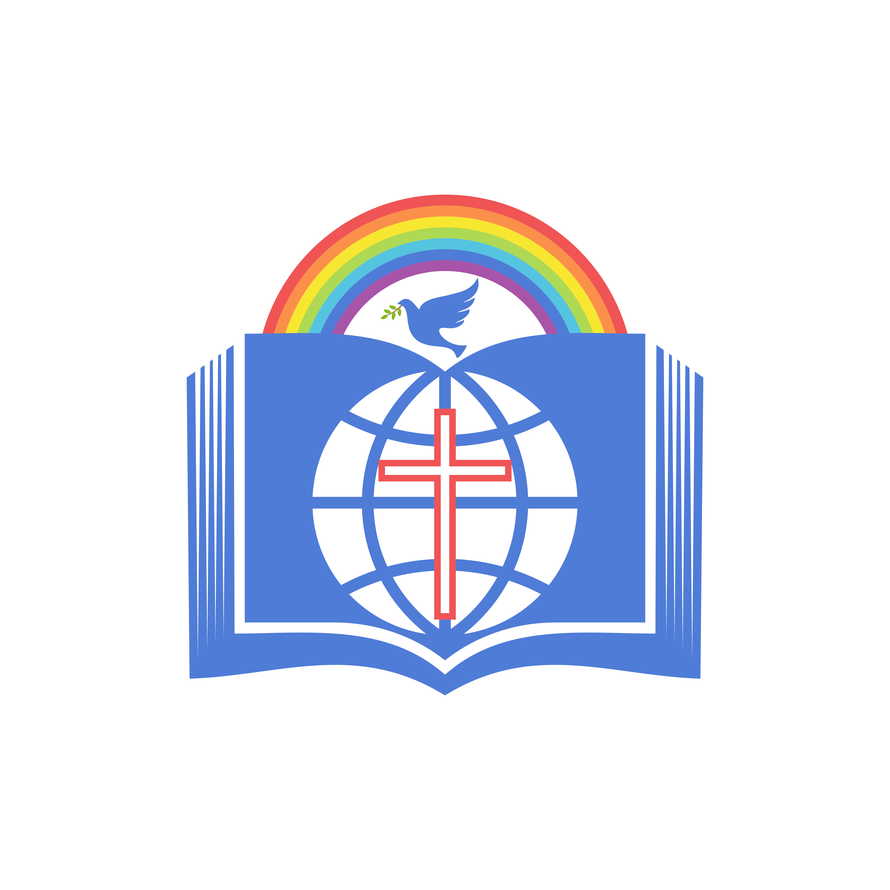 Biblical illustration. An open bible, a rainbow of the covenant, and a dove - a symbol of the Spirit.