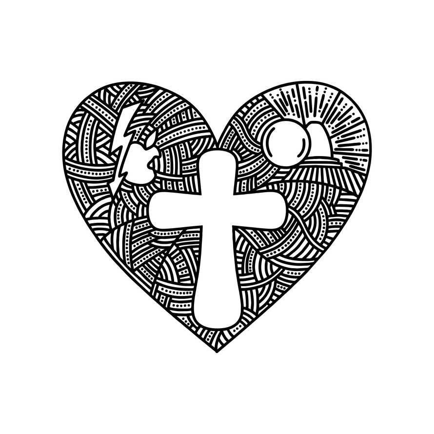 Christian doodle illustration. The cross of Jesus Christ drawn inside the heart.
