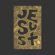 Christian illustration in a doodle style. A stylization of the word JESUS.