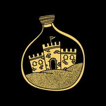 Doodle style illustration. Fortress towers inside the bottle, a design element