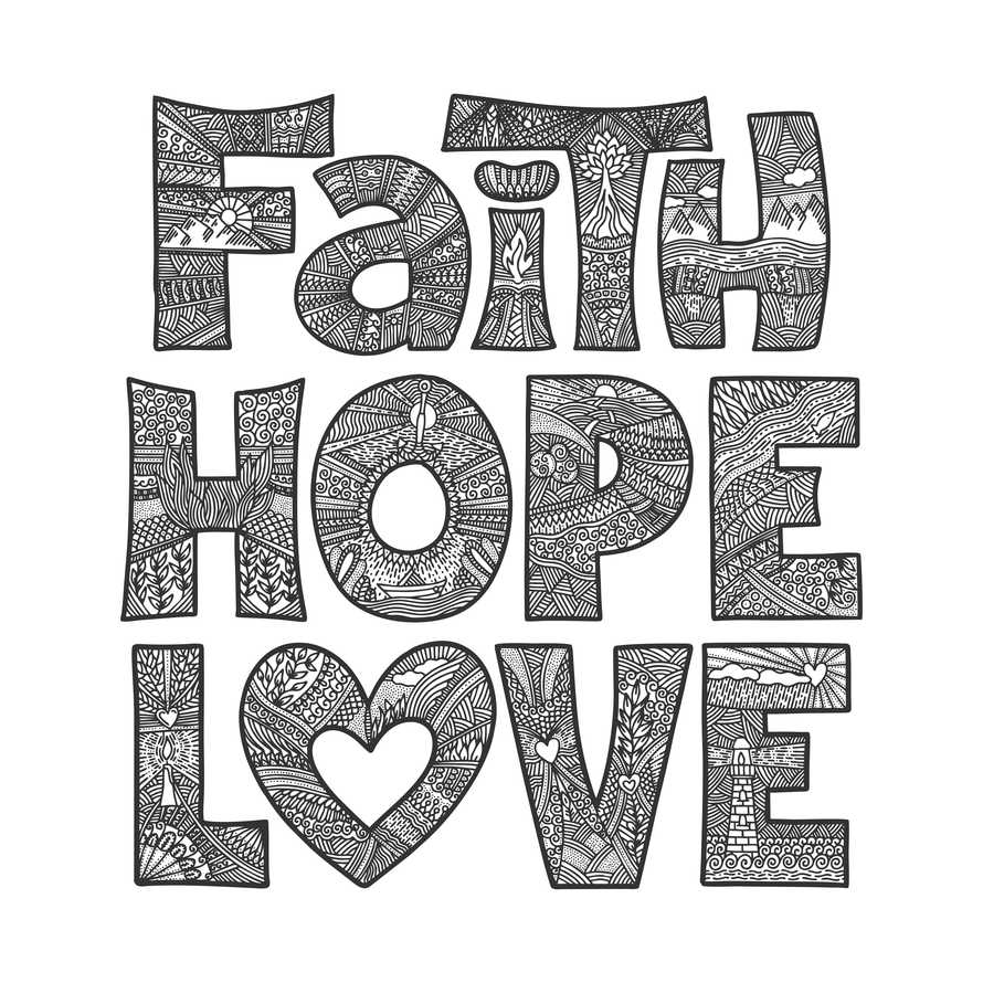 Christian illustration in a doodle style. Faith, Hope, and Love are gospel principles.
