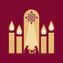 Christmas vector illustration. Four Advent candles lit in anticipation of the birth of Jesus Christ.