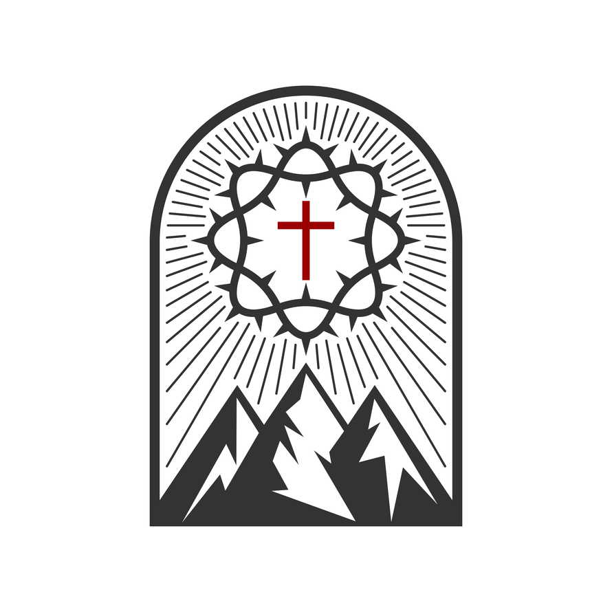 Christian illustration. Church logo. Crown of thorns, cross and mountains.