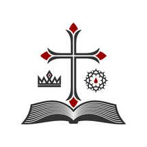 Christian illustration. Church logo. Cross of Jesus Christ, open bible and royal symbols.