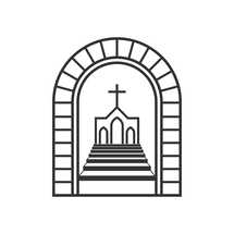 Christian illustration. Church logo. Staircase in the arch leading to the cross of Christ.