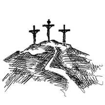 Hand-drawn vector illustration for Easter. Three crosses on top of Mount Calvary, near Jerusalem.