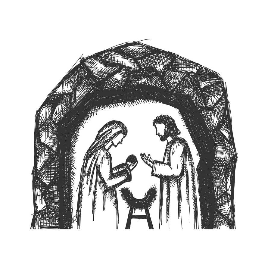 A drawing of a nativity scene. Joseph and Mary with little Jesus in a stable, a cave.
