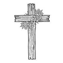 Hand-drawn vector illustration for Easter. A wooden cross with a crown of thorns. A symbol of the crucifixion and resurrection of the Lord Jesus Christ.