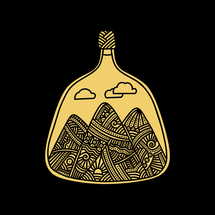 Doodle style illustration. Mountains inside the bottle, hand-drawn