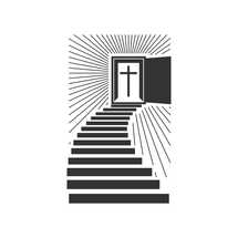 Christian illustration. Church logo. Stairs leading to the door, in which the cross of Jesus Christ shines.