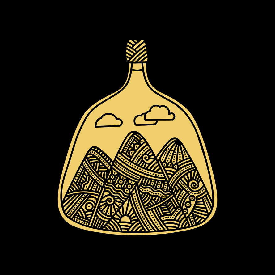 Doodle style illustration. Mountains inside the bottle, hand-drawn