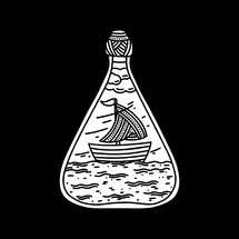 Doodle style illustration. The ship inside the bottle, hand-drawn