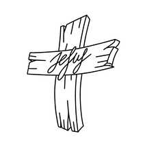 Christian doodle illustration. A wooden cross with the inscription Jesus.