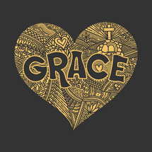 Christian illustration in a doodle style. The word Grace, a description of God's grace and salvation. The heart is a symbol of God's love.