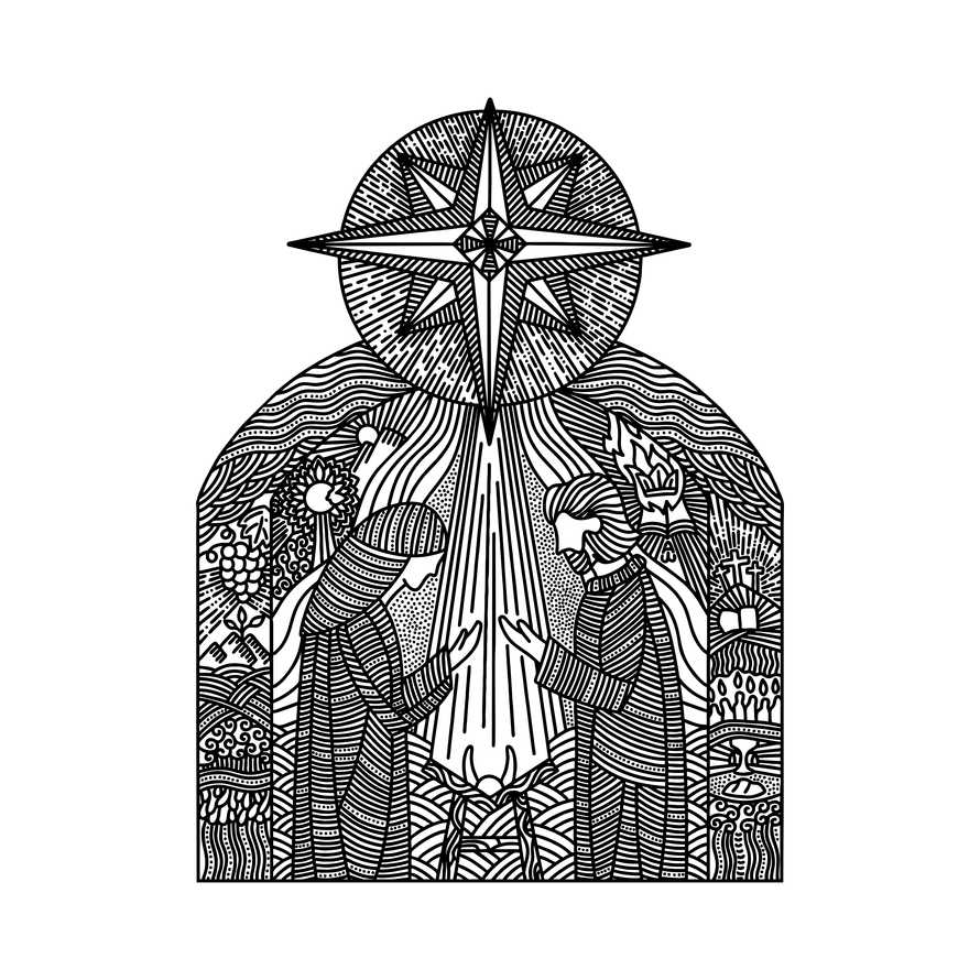 Doodle illustration. Nativity scene. Joseph and Mary with the baby Jesus, with the star of Bethlehem on top.