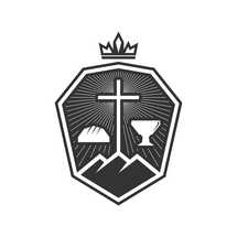 Christian illustration. Church logo. Cross on Golgotha and symbols of Holy Communion