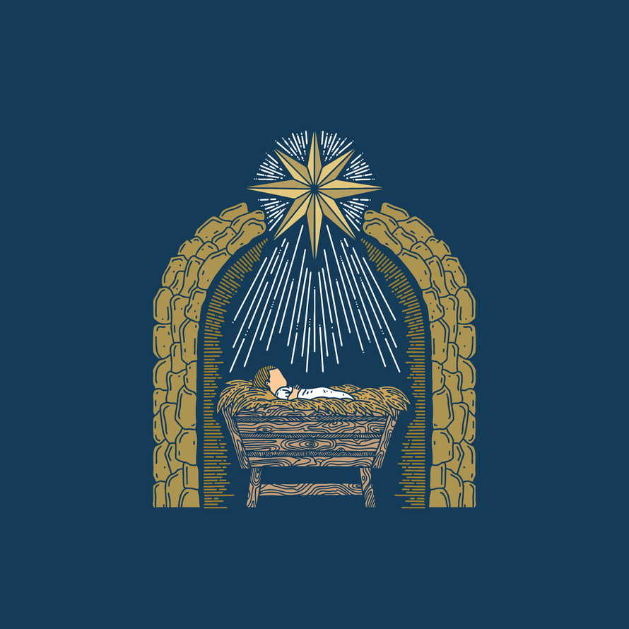 The Nativity Scene. A hand-drawn manger for the baby Jesus. The Star of Bethlehem above the stable where the Savior of the world was born.