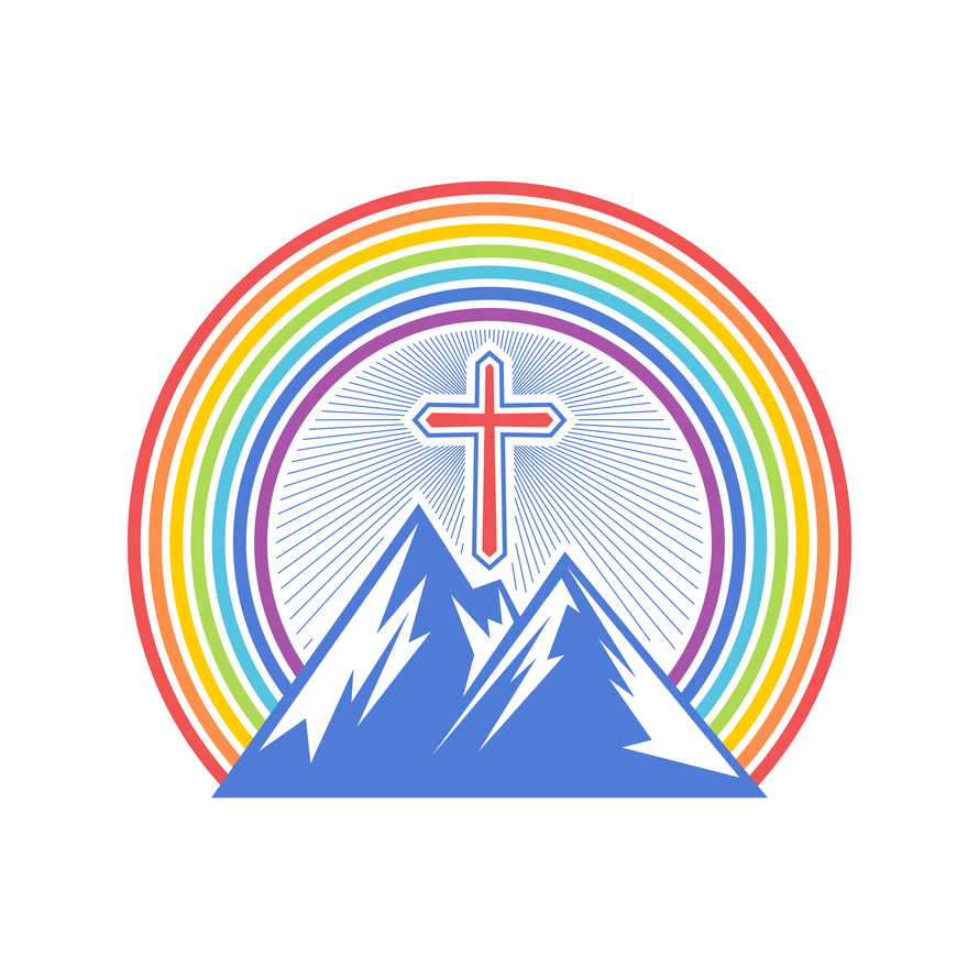 Biblical illustration. Mountain and cross on the background of the rainbow of the Testament.