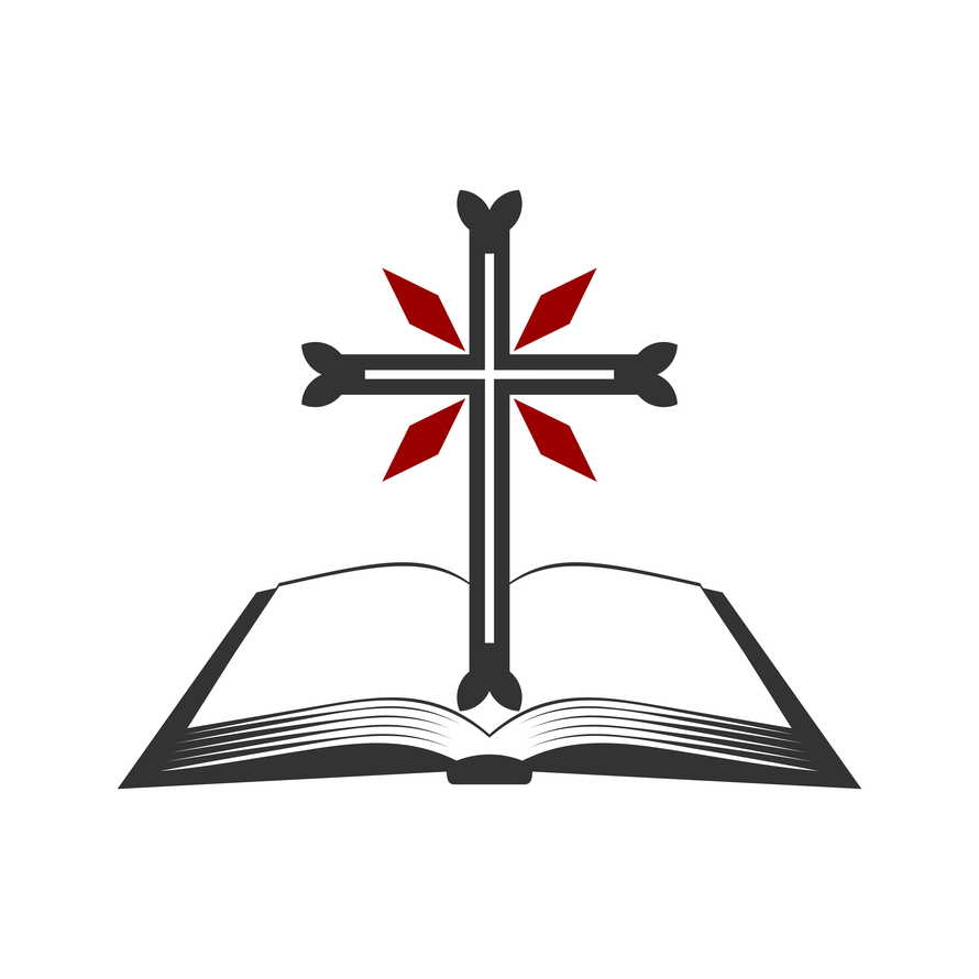 Christian illustration. Church logo. Cross of the Lord Jesus Christ and an open bible.