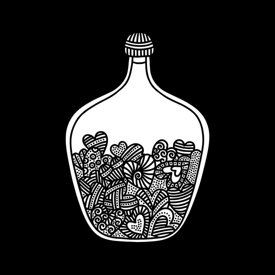 Doodle style illustration. Hearts inside the bottle, hand-drawn