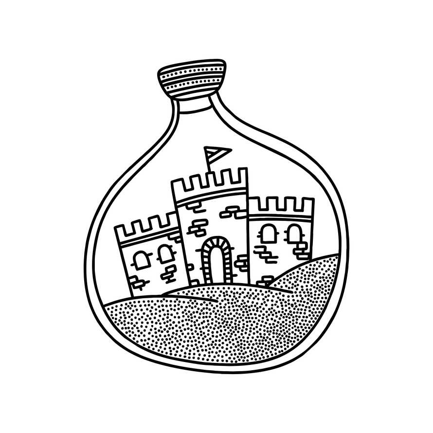 Doodle style illustration. Fortress towers inside the bottle, a design element