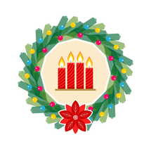 Christmas vector illustration. Four Advent candles lit in anticipation of the birth of Jesus Christ, framed by a spruce wreath.