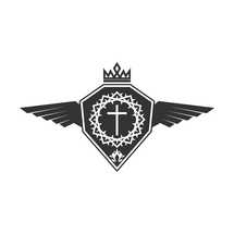 Christian illustration. Church logo. Cross and crown of thorns on the background of a shield with wings.
