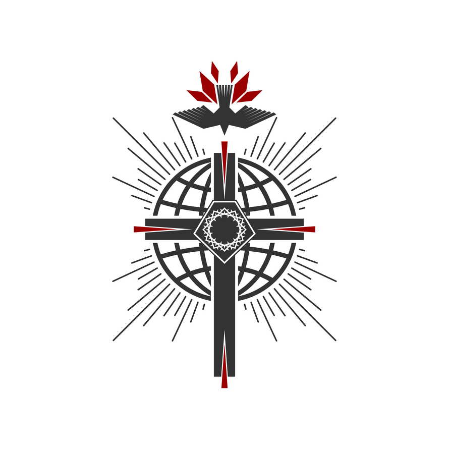 Christian illustration. Church logo. The cross of Jesus Christ on the background of a globe, on top of a dove in a flame of fire - a symbol of the Spirit of God.