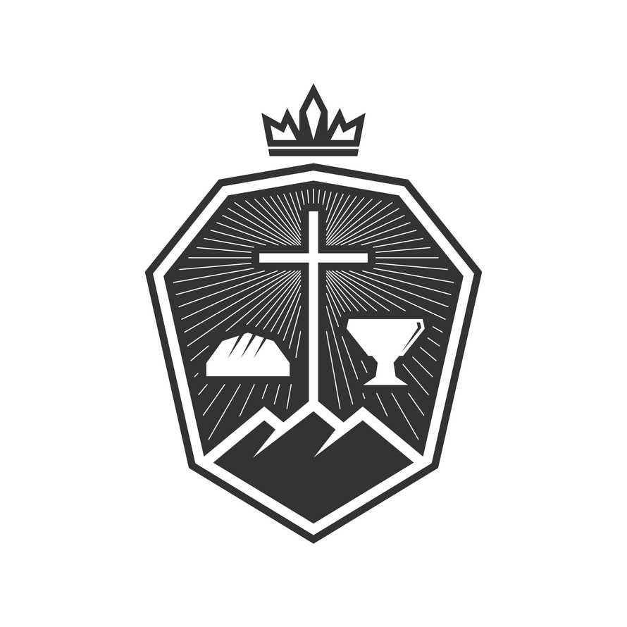 Christian illustration. Church logo. Cross on Golgotha and symbols of Holy Communion