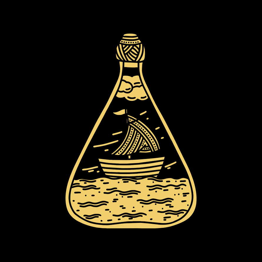 Doodle style illustration. The ship inside the bottle, hand-drawn