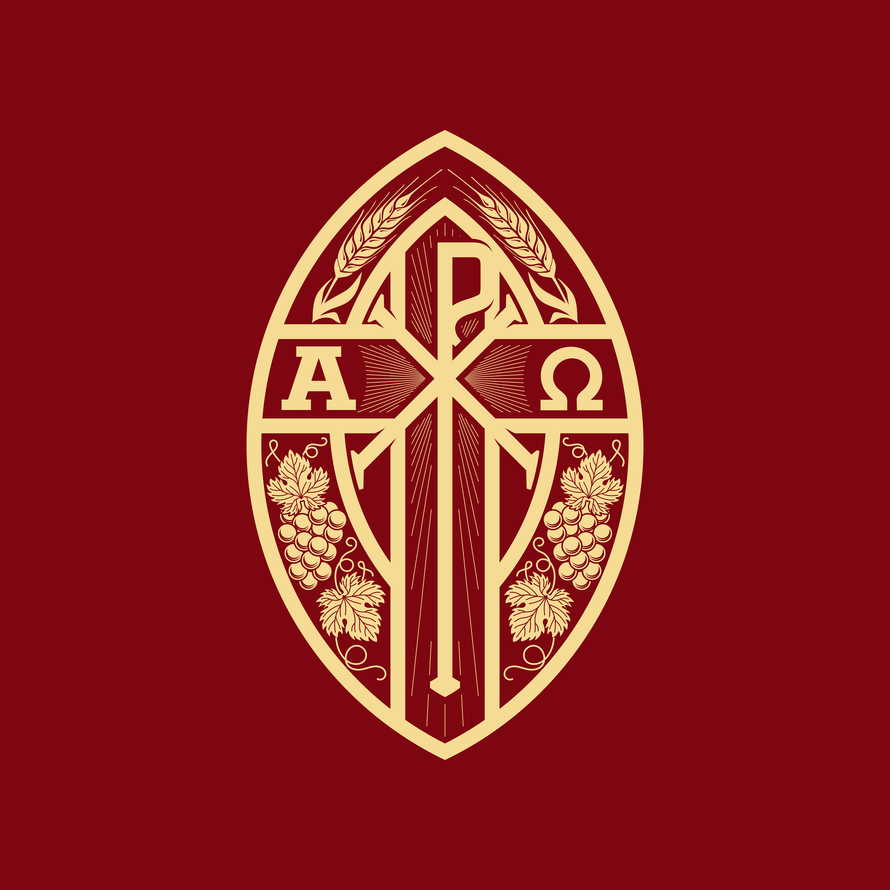 Christian illustration. Monogram of Jesus Christ - Chrismon. Wheat ears and a bunch of grapes are symbols of Christ and spiritual life. Alpha and omega symbols of eternity.