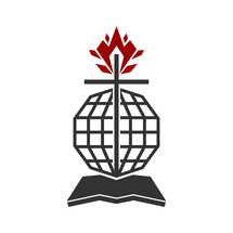 Christian illustration. Church logo. Cross against the background of a globe and an open bible. Above the flame is a symbol of the Holy Spirit of God.