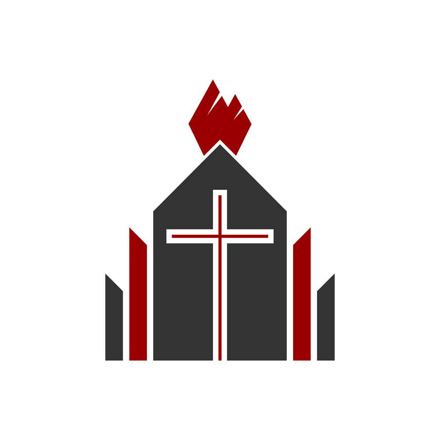 Christian illustration. Church logo. The cross of the Lord Jesus Christ on the background of the building, from above the flame of the Holy Spirit.