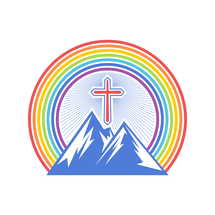 Biblical illustration. Mountain and cross on the background of the rainbow of the Testament.