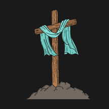 Hand-drawn Christian vector illustration. Wooden cross on a hill. A symbol of the crucifixion of the Lord Jesus Christ.