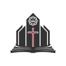 Christian illustration. Church logo. The cross of the Lord Jesus Christ against the background of the building, a crown of thorns on top, an open bible at the base.