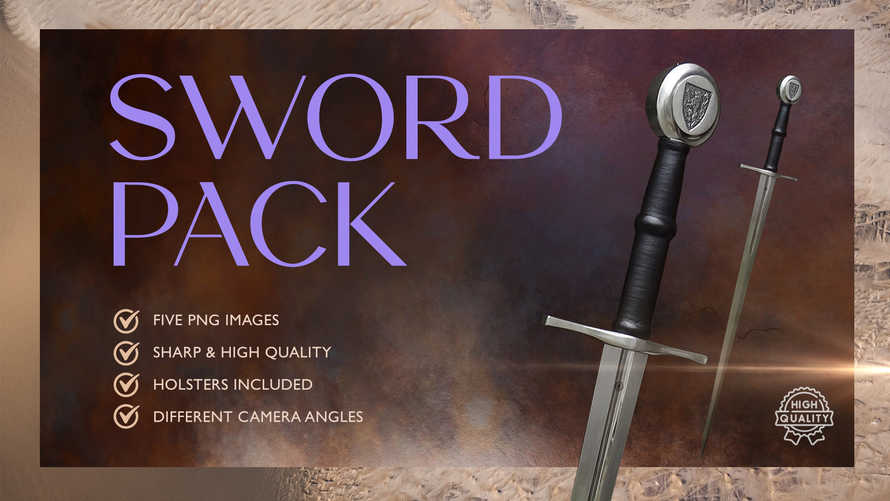 A Sword Pack with five different camera angles of the same double-handed sword with its sheath on a transparent background. Great for design, presentations, covers, and as a retouch element in your image. 