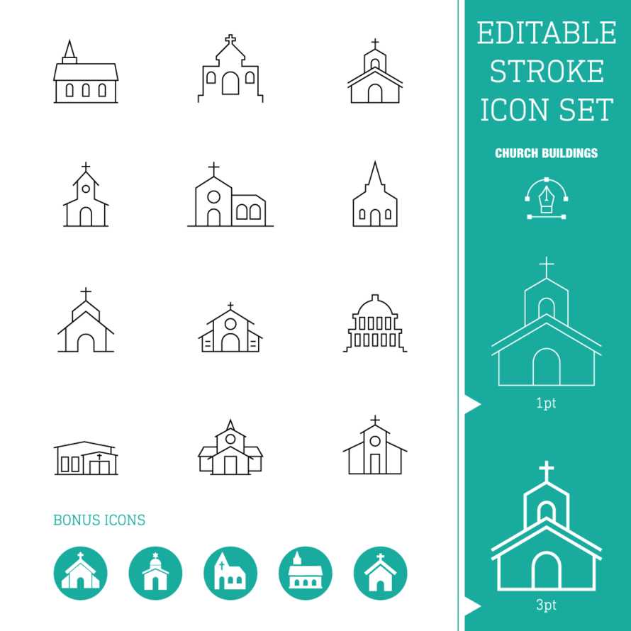Editable Stroke Icon Set | Church Buildings