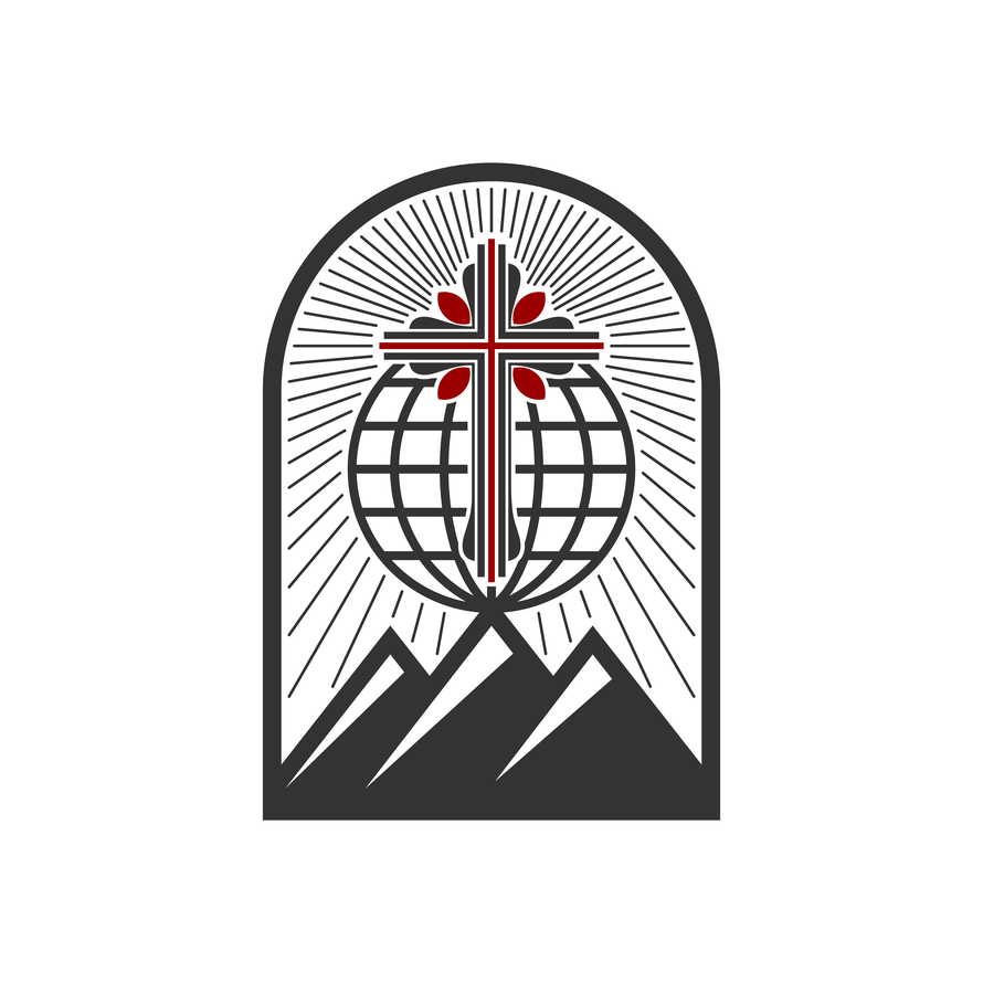 Christian illustration. Church logo. The cross of Jesus against the backdrop of a globe, mounted on a mountain.