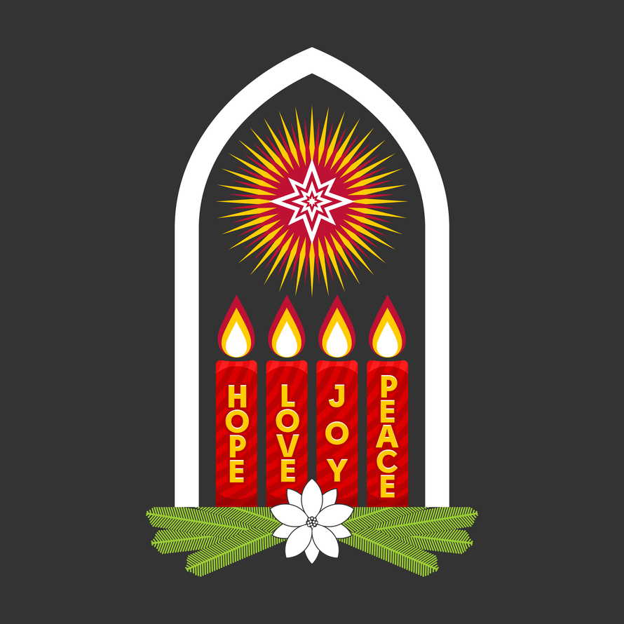 Christmas vector illustration. Holiday Advent candles lit in anticipation of the birth of the Lord and Savior Jesus Christ.