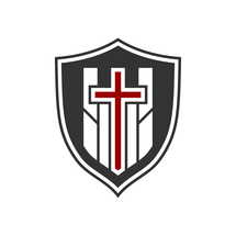 Christian illustration. Church logo. Cross of Jesus Christ against the background of a fortress and a shield.