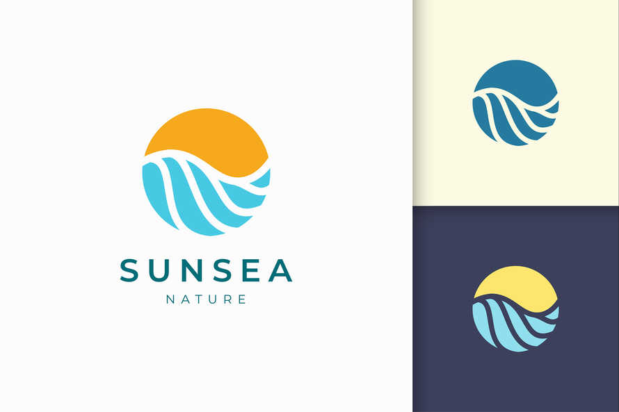 Ocean With Sun or Surfing Logo Template