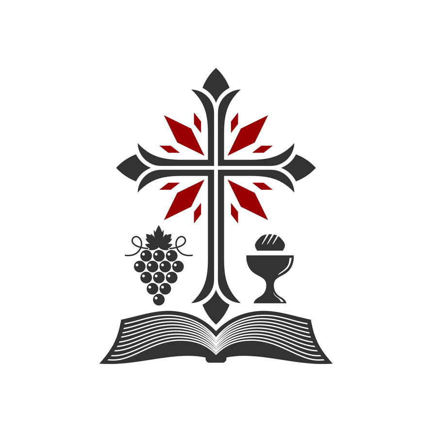 Christian illustration. Church logo. Cross, open bible, holy grail and vine.