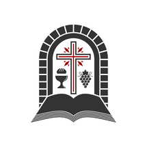 Christian illustration. Church logo. Cross and open bible with holy communion symbols.
