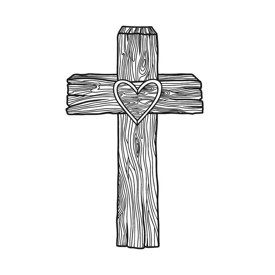 Hand-drawn vector illustration for Easter. A wooden cross with a heart in the center. A symbol of the crucifixion and resurrection of the Lord Jesus Christ.