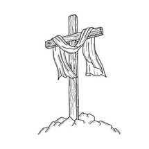Hand-drawn Christian vector illustration. Wooden cross on a hill. A symbol of the crucifixion of the Lord Jesus Christ.